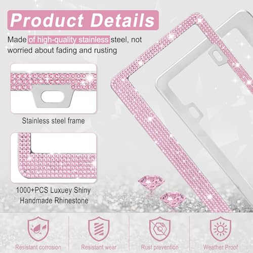 Image of Bling License Plate Frame for Women, 2Pack Rhinestone Handcrafted Crystal Premium Stainless Steel, Stainless Steel Car Accessories with Diamond Sparkle Glitter Caps (Pink) (Pack of 2)
