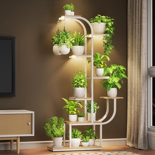 Image of White Plant Stand, 7 Tier Tall Plant Shelf with Grow Light, Large Curve Shaped Lighted Plant Stand for Multiple Plants, Indoor Home Decor Display Rack