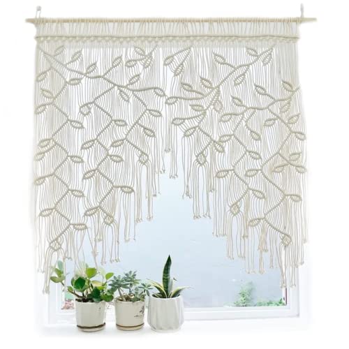 Macrame Sliding Curtains Boho Woven Leaves Short Country Bistro Wall Hanging for Living Room Balcony Door