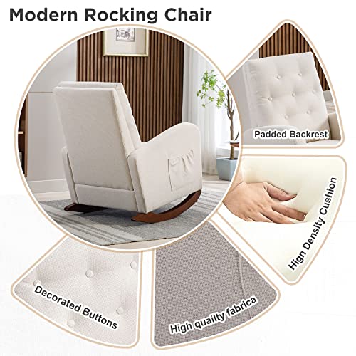 Rocking Chair Modern,Upholstered Glider Rocker Chair For Nursery,Comfy Armchair With Side Pocket For Living Room (Beige-Linen Fabric) #TOP3