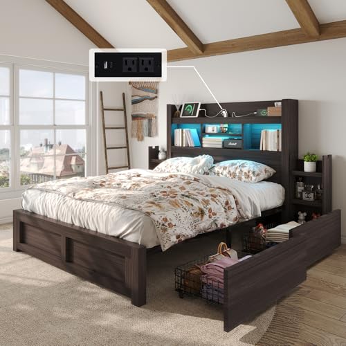 LUXOAK Full Bed Frame with 49.6" Bookcase Headboard & 2