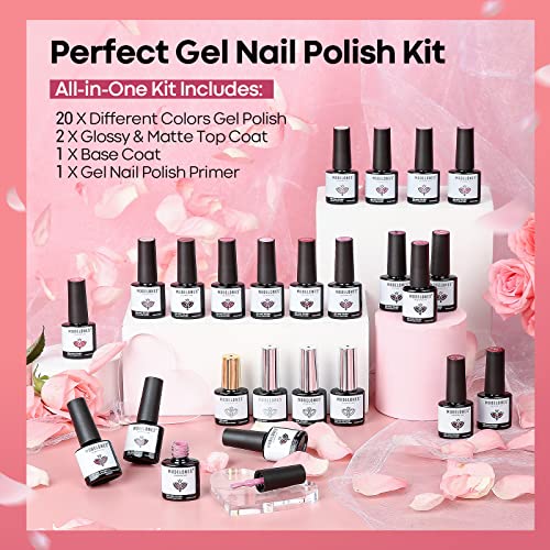 Modelones 24 Pcs Gel Nail Polish Kit, 20 Colors Red Gel Nail Polish Classic Red Glitter Nail Polish Soak Off Gentle Pink Sparkle Blood Red Gel With Bond Primer Glossy & Matte Top Base Coat Diy Nail Art #TOP1