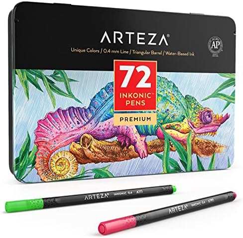 ARTEZA Fineliner Pens Inkonic , 0.4 mm Tips, Set of 72 Colours, Water-Based, Non-Toxic, Fine Liner Coloured Pens for Drawing Details & Mixed Media Art