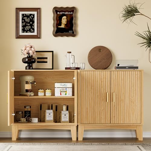 Image of BORNOON Storage Cabinet with Doors and Adjustable Shelf, Modern Fluted Sideboard Buffet Cabinet, Freestanding Coffee Bar for Kitchen, Pantry, Entryway, Living Room (Natural Oak)