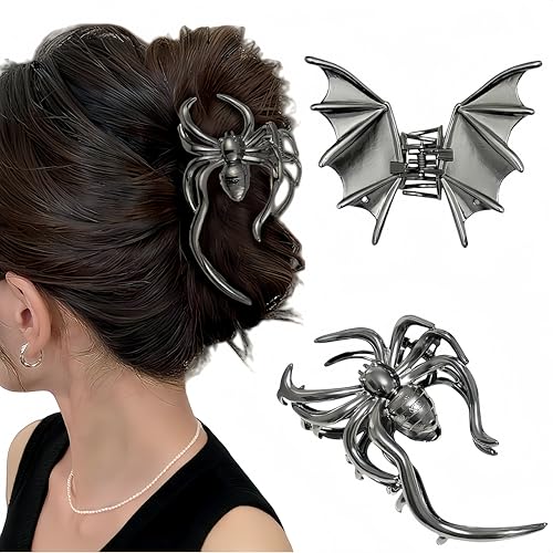 2PCS Large Metal Spider Black Bat Hair Claw Clips for Women and Girls, Halloween Gothic Hair Claw Clips for Styling Hair Accessories Cosplay Party Decorations (Style B)