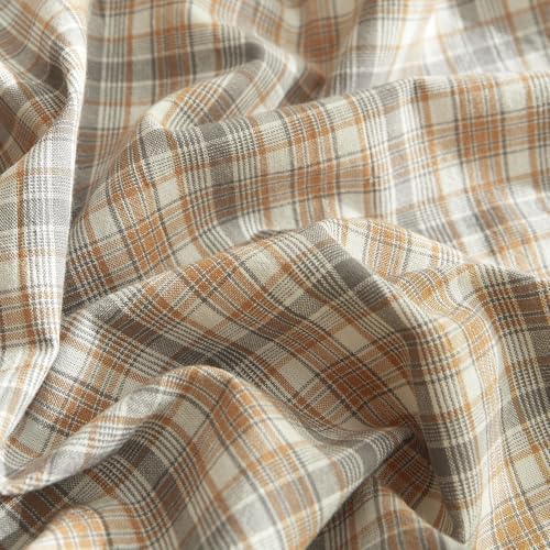 Image of EAVD Retro Tan Gingham Duvet Cover Queen Khaki Brown Grid Plaid Bedding Set Soft 100% Washed Cotton Like Linen Feel Soft 3-Piece Brown Vintage Checkered Plaid Duvet Cover with Zipper Closure