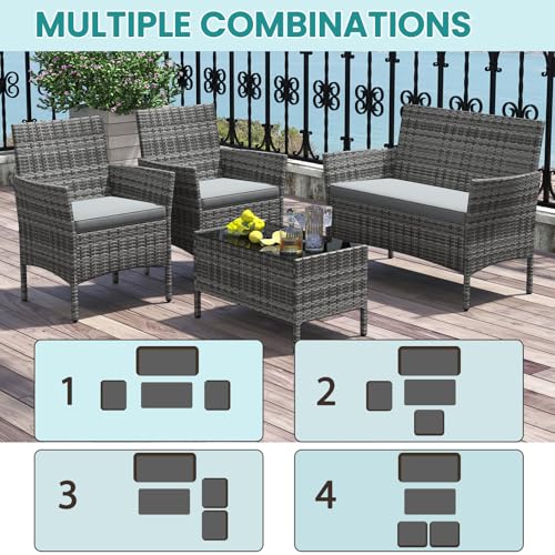 ORALNER 4 Pieces Patio Furniture Set, Outdoor Wicker Conversation Set, Rattan Chairs Loveseat with Soft Cushion and Glass Table for Balcony Porch Backyard Garden Poolside (Gray) - Image 6