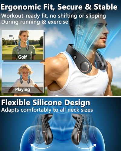 Image of FWV Neck Fan with Cooling Plate, Quiet 30dB, 3-24Hrs Cooling,5500mAh Battery,LED Display Necklace AC Cooler, USB Bladeless Portable Personal Wearable Fans that Blow Cold Air for Men Women Kids Black