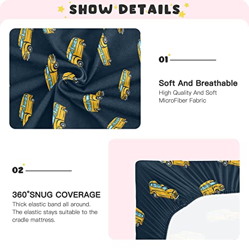 Image of School Bus Cartoon Crib Sheets Soft Breathable Fitted Baby Playard Sheets Mattress Cover for Girl Boys, 39 inch x 27 inch x 5 inch