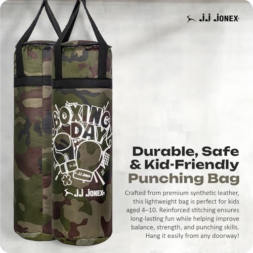 Image of JJ Jonex Sports Kids Boxing Punching Bag Set - Heavy Boxing Bag, Gloves, MMA, Home Gym & Martial Arts Training Equipment | for Boys & Girls for Age 3 4 5 6 7 8 Years | Camouflage Color |