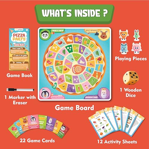 Image of Pizza Party Educational Board Game for Kids Ages 6+ | Learn Vegetables & Counting | 22 Cards & 4 Playing Pieces | Family Game Night, Birthday & Return Gift | Made in India