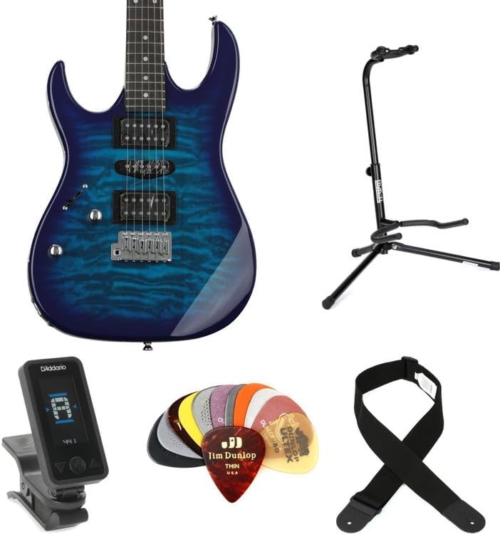 Ibanez Gio GRX70QAL Left-handed Electric Guitar Essentials Bundle - Transparent Blue Burst