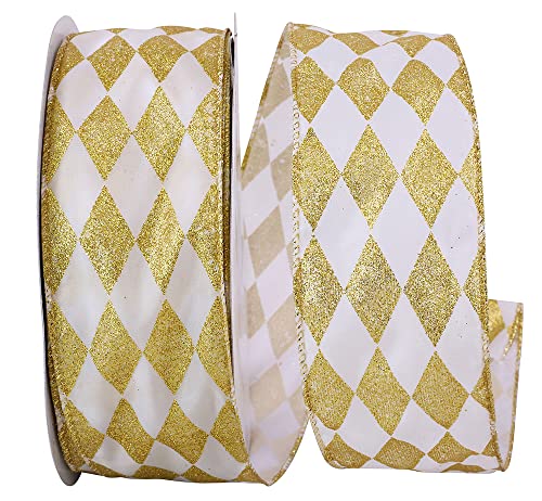 Image of White Gold Diamonds Christmas Ribbon - 2 1 /2 inch x 50 Yards, Argyle, Gold Wire Edged, Glitter, Wedding, Wreath Decoration, Garland, Fall, Tree Topper Bow, Gift Wrapping, Mardi Gras