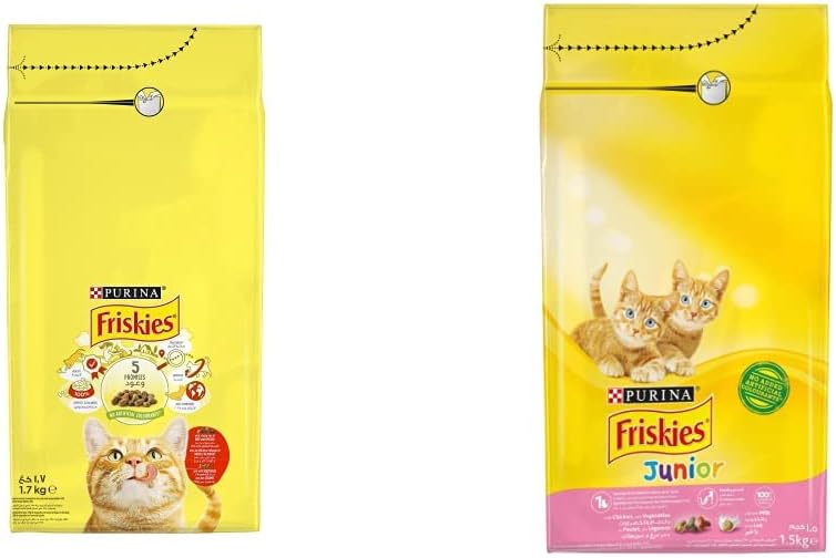 FriskiesPurina Friskies With A Tasty Mix Of Beef And Chicken And With Vegetables, 1.7Kg, Yellow & Purina Friskies Cat Food Junior With Chicken, Milk & Vegetables 1.5kg