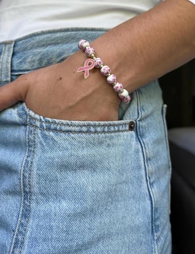 Breast Cancer Bracelets Beads Ribbon Charm Bracelet for Women Flower Vintage Breast Awareness Accessories Stretch Handmade Bracelet2