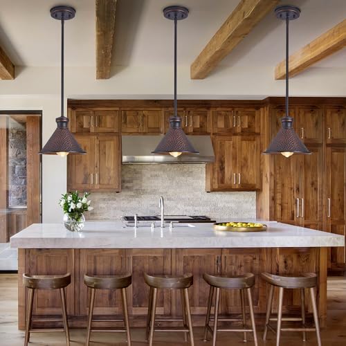 Tarentlight Pendant Light (2 Packs), Kitchen Lights Ceiling Hanging,Oil-Rubbed Bronze Finish, Farmhouse Lighting for Kitchen Island Room,Vintage Hammered Textured Aluminum Shade, Height Adjustable by Tarentlight - Used condition - Image 5