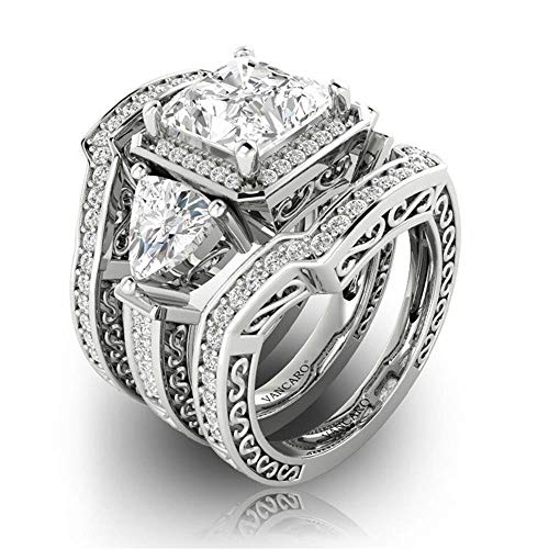 TZ Way 3PCS 925 Sterling Silver Cubic Zirconia Princess Cut Women's Wedding Engagement Bridal Ring Set (10)