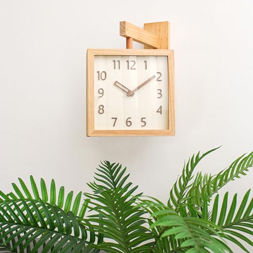 Wall Clock, Wooden Decorative Corner Clock, Simple Silent Non Ticking Square Double Sided Clock, Minimalist Battery Operated Clock for Living Room Bedroom Office Decor (Nature