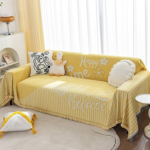 ANAZOZ Funda Sofa 3Plazas,Fundas Mantas de Sofa Amarillo Funda Sofa Chaise Long 180x340CM Fundas Chenilla Sofa Rayas de Flores con Borlas