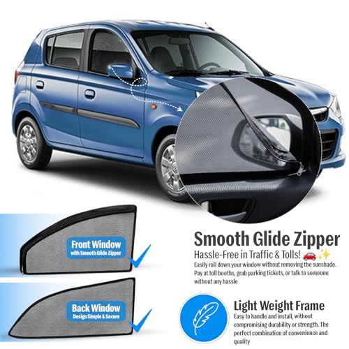 Image of Autofact Magnetic Car Sunshades Compatible with Maruti Alto K10 Old (2014 to 2022) (Set of 4) - Easy Installation, UV Protection, Keeps Car Cool (Front 2 with Zippers, Rear 2 Without Zippers)