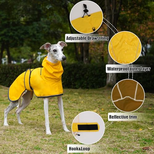 Geyecete Windhund Leicht Hundejacke Regenjacke, Hunderegenmantel Wasserdicht Verstellbar Windhundejacke Whippets Reflektierend Mantel Poncho fur Greyhounds, Lurcher und Whippets-Gelb-L