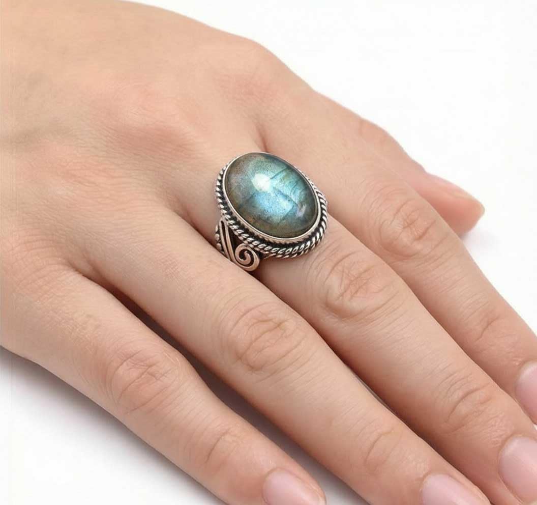 JEWELOPORIUM Boho Handmade Jewelry Chunky Natural Gemstone Labradorite, Crystal, Moonstone, Turquoise Oval 925 Sterling Silver Plated Ring For Women