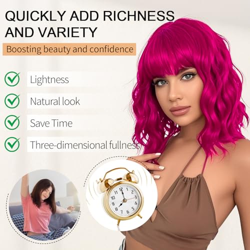 Image of AGO Rose Purple Wavy Wigs with Bangs Pastel Bob Wig Shoulder Length Synthetic Hair for Girl Heat Resistant Fiber Wig for Daily Party Halloween Cosplay Use(405 /T2356#RosePurple)