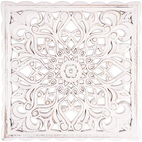 Decorazione da parete in legno, unica e intagliata, pannelli decorativi da parete in legno, 30 x 30 cm, rustico, motivo floreale, bianco invecchiato, decorazione artistica da parete per casa