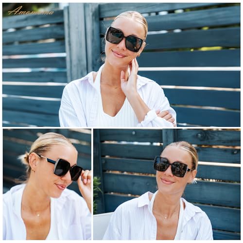 AMOMOMA Oversized Square Sunglasses for Women Polarized Fashion Trendy Retro Rhine Stone Shades AM66333