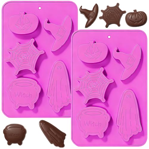 2 moldes de silicone para assar Halloween, moldes de chocolate doces, chapéu de bruxa, aranha, abóbora, molde para assar DIY Halloween, chocolate, doces (laranja)