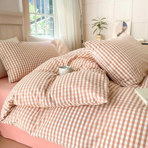 Image of LifeTB Pink Gingham Comforter Set Queen Modern Style Blush Grid Comforter Set 3 Pieces Vintage Plaid Checkered Comforter with 2 Pillowcases Fluffy Soft Farmhouse Gingham Bedding Set Queen Size