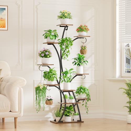 Image of Plant Stand Indoor with Grow Lights - Lighted Plant Shelf Indoor, 64 inch Tall Corner Plant Stands for Indoor Growing, 10 Tier Flower Display Shelf, Large Tree-Shaped Holder for Home, Living Room, Black