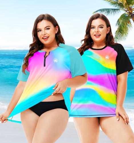 Image of AOBUTE Women Plus Size Rash Guard Zipper Short Sleeve SPF Swim Shirts