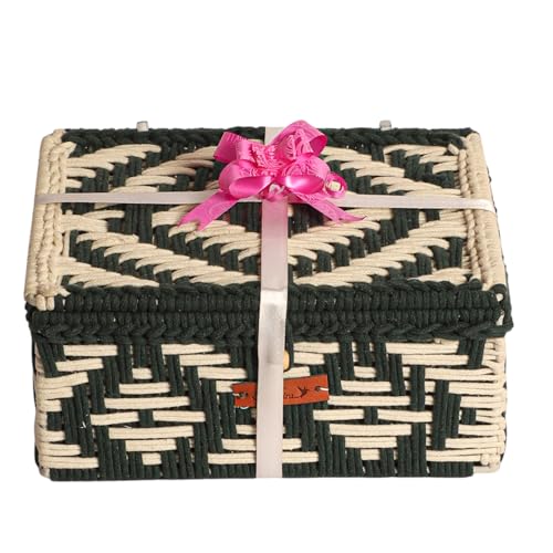 Image of Kaahira Handmade Decorative Storage Box and Organiser | Macrame Gift Hamper Box for Cosmetics, Toiletries & Return Gifts | Aesthetic Rope Woven Organizer (Green and White, Small - 9x6x4 inches)
