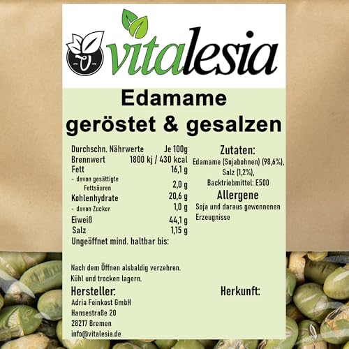 Vitalesia Edamame Bohnen 1kg | geröstet & gesalzen | Proteinreicher Snack | Premium Edamame |Frischebeutel wiederverschließbar | vegan