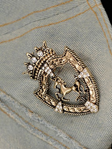 Image of Vintage Gold Tone Crown Horse Pin Brooch Retro Crystal Shield Badge Lapel Pin For Men Women