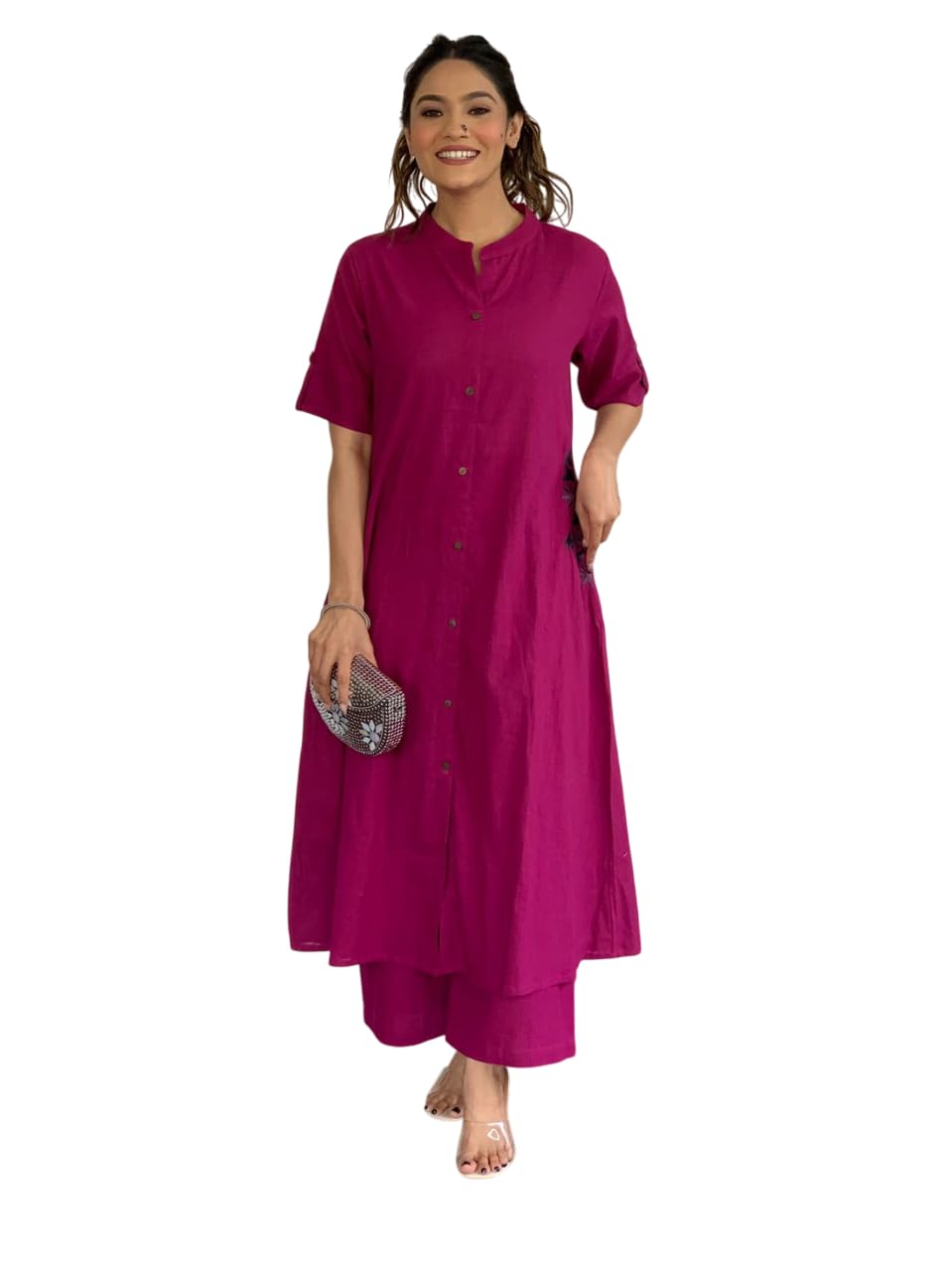 EKRAFT Bharat Women's Cotton Embroiderd Long A-Line Kurti with Palazzo (Pink-XL)-image-20