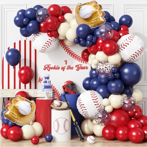 166Pcs Baseball Balloon Arch Garland Navy Blue Red Nude and Confetti Balloon with Baseball Foil Glove Balloons for Boys Teene Birthday Party Baseball Theme Sports Party Decorations