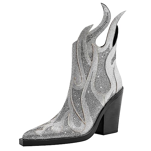 Womens Sparkling Rhinestone Cowboy Boots Bling Flame Chunky Heel Diamond Ankle Boots Pointy Toe Side Zip Black Glitter Cowboy Boots3