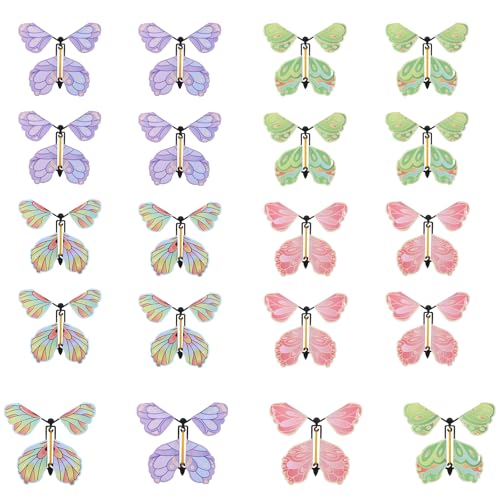 Dimeho 20 Pcs Flying Butterfly Toys, Wind Up Flying Butterfly Surprise Card in The Book Colorful Rubber Band Powered Gifts Butterfly Fairy Flying Toy Christmas Wedding Birthday Surprise Gifts