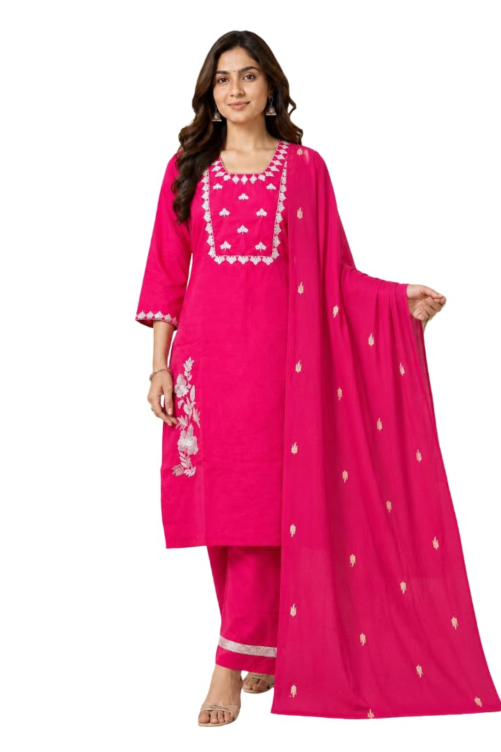 Vibrant Rani Pink Embroidered Kurta Set with Dupatta for Women | Square Neckline with Embroidery, 3/4 Sleeves, Straight Pants & Lightweight Woven Motif Dupatta-picture-17