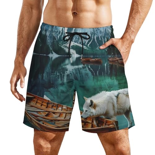 Wolf Boats in A Lake Italy Mens Swim Trunks with Quick-Drying Lining Beach Shorts for Outdoor Sports