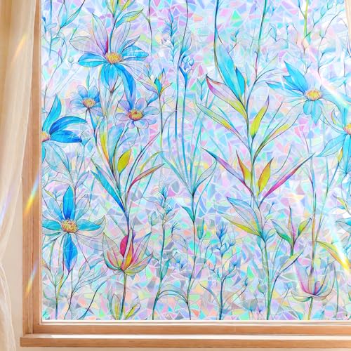 FINNEZ Fensterfolie - Selbstklebende Statische Klebefolie, Farbenfrohe Blickdichte Sichtschutzfolie, Regenbogen Optik, Blaues Blumenmuster, Dekorationsfolie für Wohnzimmer Küche, 44,5 x 400 cm