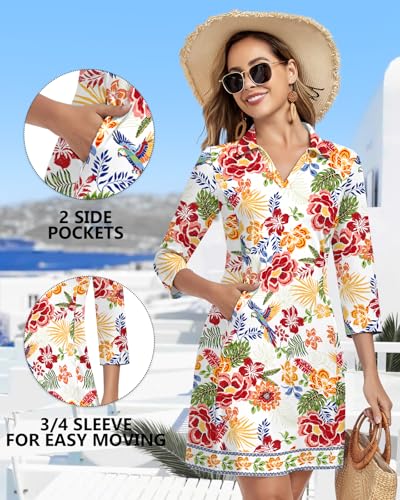 Image of WOWENY 3 /4 Sleeve Dress for Women with Pockets V Neck UPF 50+ Casual Sun Dress Breathable Quick Dry Beach Vacation