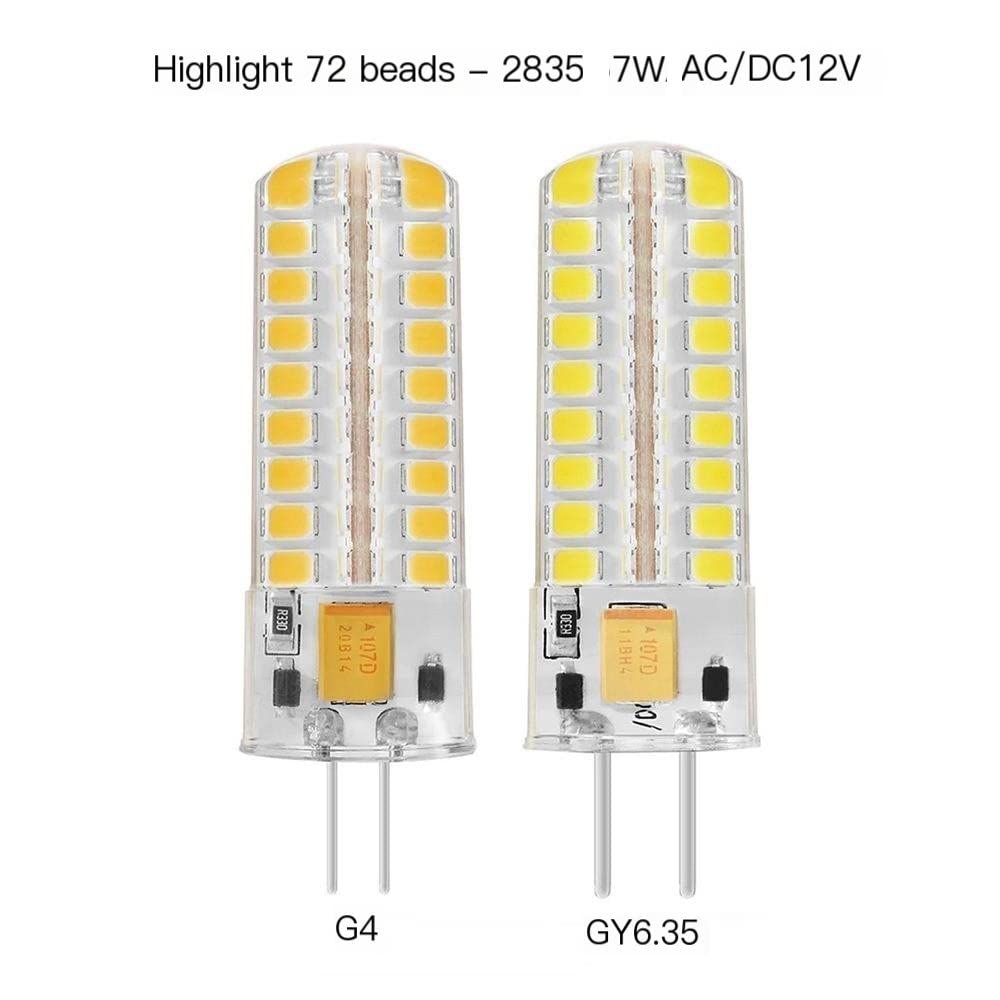 HHF Iluminación del hogar, Paquete de 10 lámparas LED tipo maíz G4/GY6.35 CA/CC 12 V, 7 W, 72 LED-2835 SMD, lámpara de cristal con atenuación(GY6.35 Warm White)