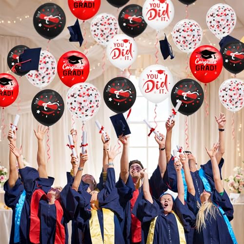 Image of Graduation Decorations 2026 - Graduation Balloons 62pcs 12 Inch Red Black White Grad Print Latex Confetti Balloons for College High School Class of 2026 Congrats Grad Party Decor Supplies (Ribbon)