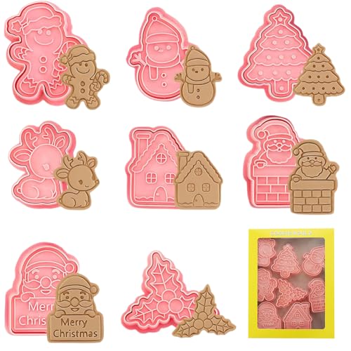 QWEPU Emporte Pièces Noël, 8Pcs 3D Emporte-Pièces et tampons de Noël Enfants, Cookie Cutter pour Décoration de Gâteau Fondant Biscuit Cookie Pâtisserie, Accessoires de cuisine
