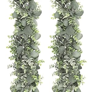 JPSOR 2pcs 6.6ft Artificial Eucalyptus Garland Faux Greenery Garland Fake Eucalyptus Leaves for Wedding Arch Farmhouse Mantle Table Runner Centerpiece Home Party Decor