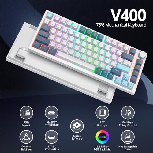Image of 75% TKL Wired Mechanical Keyboard,RGB Backlit Gasket Mount 82 Key Hot Swappable Custom Linear Red Switch Gaming Keyboard with Volume Knob & PBT Keycaps (82 Shoko)