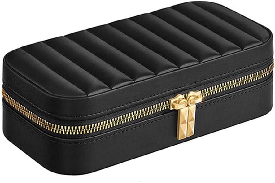Compact Travel Jewelry Box with Mirror – PU Organizer for Necklaces, Earrings & Rings, Adjustable Dividers, Velvet Lining, Water-Resistant Case, Black, 4.1 x 8.1 x 2.4 in